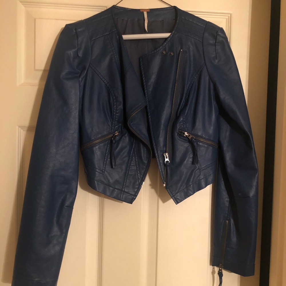Free people blue cropped leather jacket
